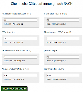 Abb. 1: Eingabeformular "Chemische Gütebestimmung nach BACH"