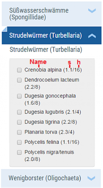 Abb. 2: Beispiel: Bioindikatoren-Auswahlliste