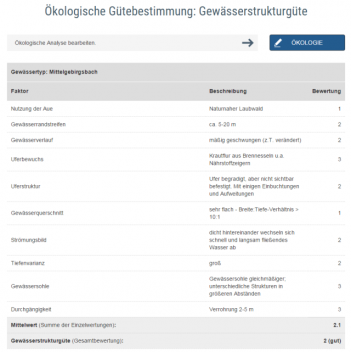 Abb. 2: Ergebnis-Formular mit einem Beispiel der Bestimmung der Gewässerstruktur